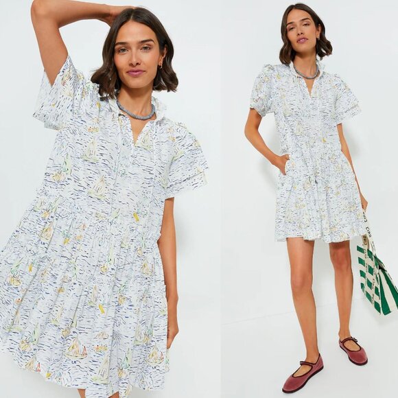 Hunter Bell Merritt Regatta Tiered Mini Dress Nautical Boat Print Size S - Picture 11 of 11